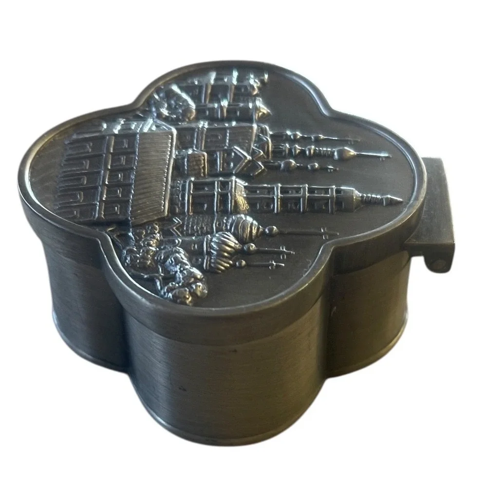 Vintage Pewter Russian Orthodox Cathedral Trinket Box Hinged Quatrefoil Silver